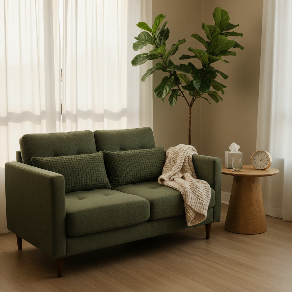 A serene therapy room corner without any human presence, featuring a plush moss-green loveseat with textured cushions and a folded knitted blanket, next to a round side table holding a glass of water, a small box of tissues, and a sleek, analog clock. A tall, leafy indoor plant rises behind the loveseat, its leaves catching soft golden hour sunlight streaming through sheer curtains. The light creates dappled patterns on the light-wood floor and a subtle glow on the neutral beige walls. Photographic realism captured at eye level with balanced composition and moderate depth of field, conveying warmth, trust, and emotional safety while clearly situating the viewer in a modern, welcoming counseling environment.