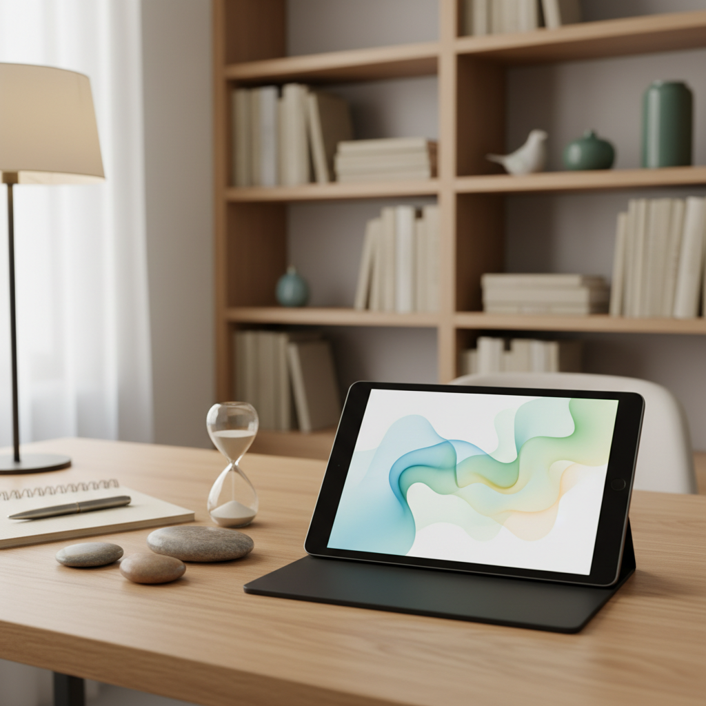 A close-up, photographic view of a wooden desk in a counseling practice, completely free of people, with a matte black tablet displaying an abstract, softly colored mood chart, beside a spiral-bound notebook, smooth river stones, and a small sand timer filled with pale sand. Behind the desk, a blurred bookcase holds neatly organized psychology books and subtle decorative objects in muted blues and greens. Warm, indirect lamp light mixes with soft overcast daylight from a nearby window, creating gentle reflections on the tablet screen. Shot from a slightly elevated angle, the composition follows the rule of thirds, emphasizing order, calm, and modern professionalism in an outpatient psychotherapy setting.